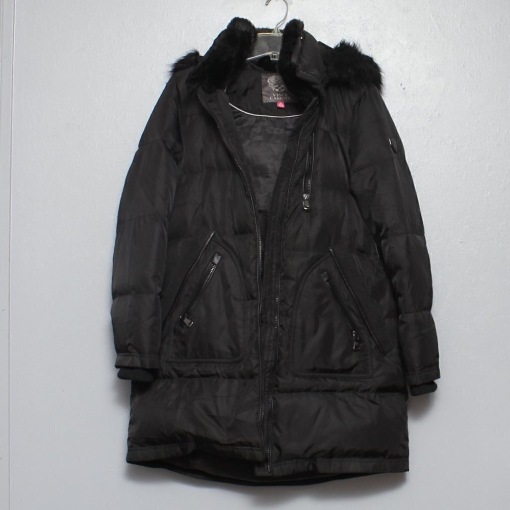 Vince Camuto down filled black long lined faux fur hooded coat